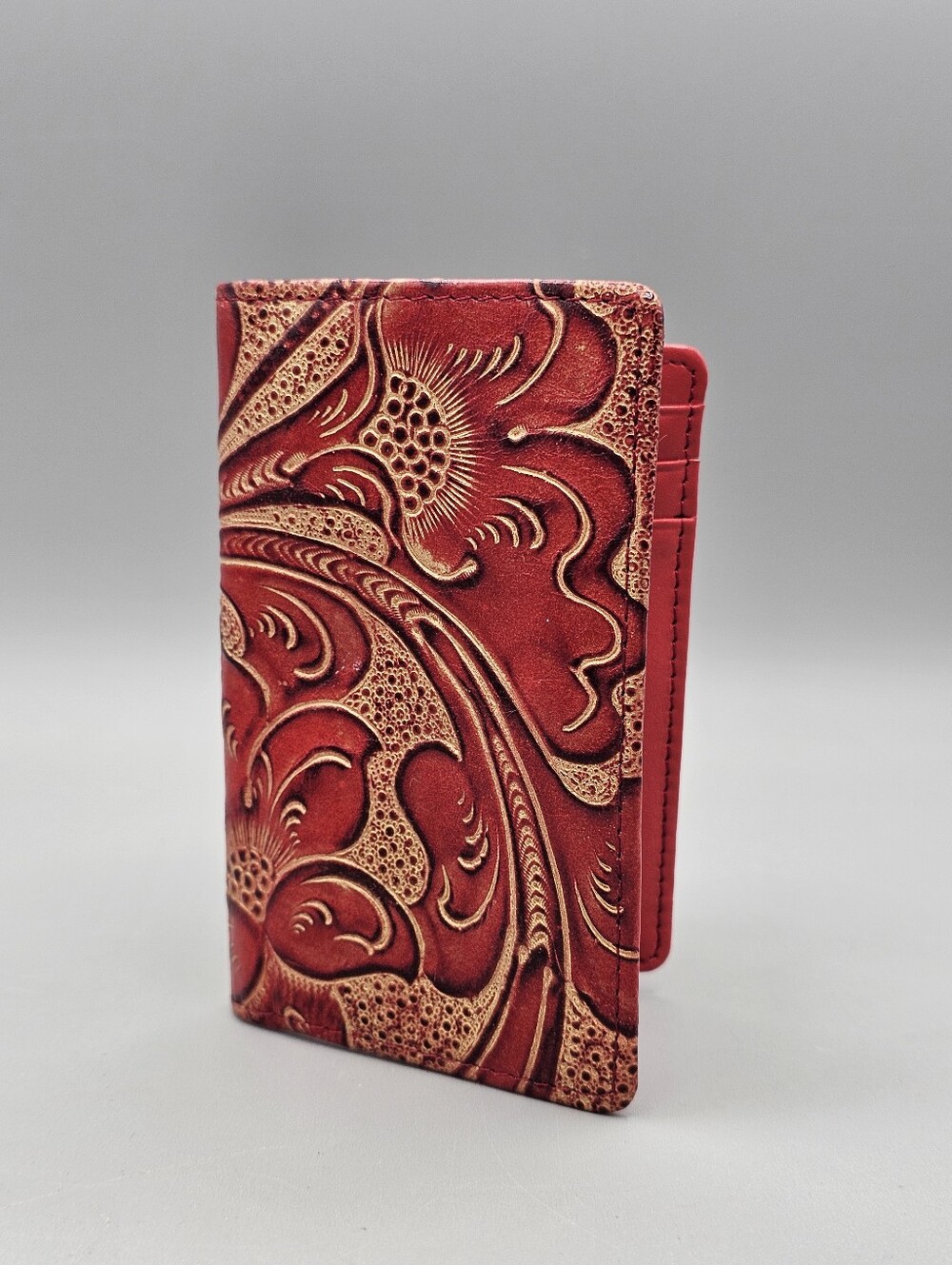 Vtg Wilson Leather Tooled Floral Red Bifold Wallet Italian Leather Rare Deboss